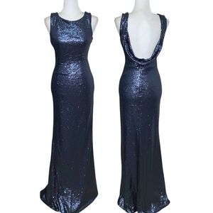 LULU’S Slink Wink Matte Navy Blue Sequin Maxi Dress Drape Back Formal Gown Sz S